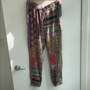 Johnny Was Multicolor Patchwork Drawstring Silk Joggers